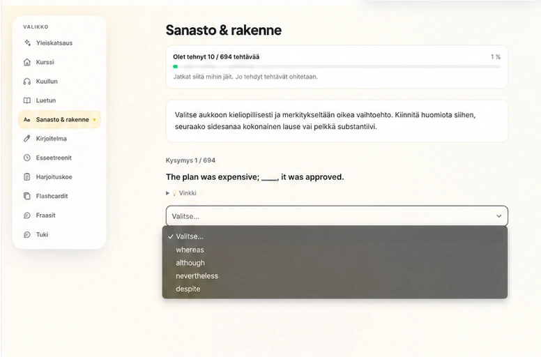 Sanasto ja rakenne -tehtävä, jossa valitaan aukkoon sopiva sidesana pudotusvalikosta.